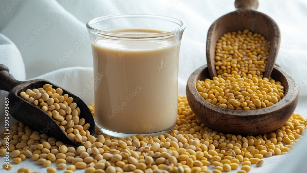 Soy milk alongside soybeans set against a white background. Soy milk alongside soybeans set against a white background.