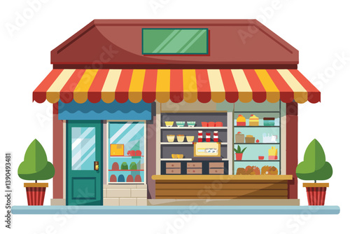 This small storefront features a vibrant red and yellow awning, showcasing an array of baked goods in the window while inviting customers with its colorful entrance.