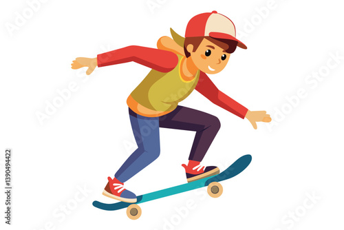 A young boy, wearing a cap and casual attire, skillfully rides his skateboard while executing tricks against a bright backdrop, portraying a vibrant energy.