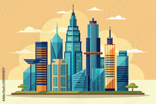 The skyline showcases a vibrant array of skyscrapers and architectural styles, featuring glass facades and unique designs, all set against a cheerful sky.