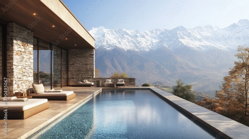 Fototapeta premium Luxurious modern villa with breathtaking mountain view and serene infinity pool on a sunny day