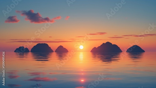 Fototapeta Naklejka Na Ścianę i Meble -  Soft sunset above islands silhouette