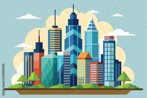 A colorful skyline showcases tall and modern skyscrapers with a mix of architectural styles surrounded by lush greenery under a bright sky.