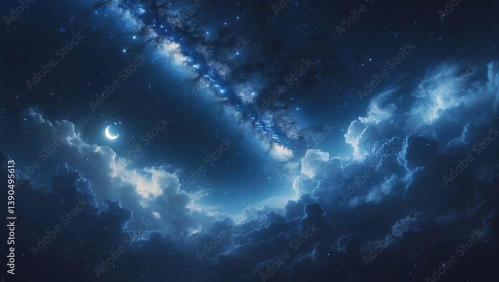 Starry night sky featuring clouds in a panorama. Universe populated with stars, nebulae, and galaxies. Starry night sky featuring clouds in a panorama. Universe populated with stars, nebulae, and galaxies.