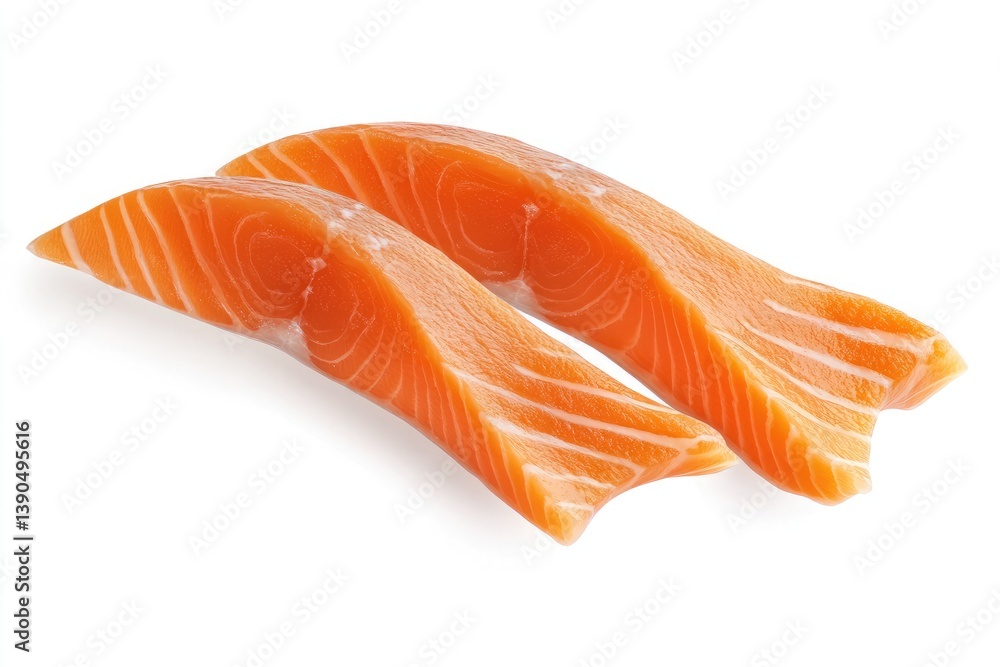 Two salmon fillets displayed on a white background showing the texture and vibrant color of the fish Two salmon fillets displayed on a white background showing the texture and vibrant color of the fish