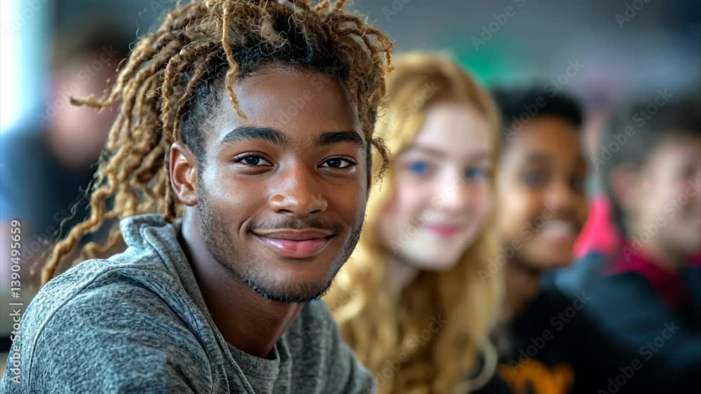 Smiling young man with dreadlocks, focused in a group Smiling young man with dreadlocks, focused in a group