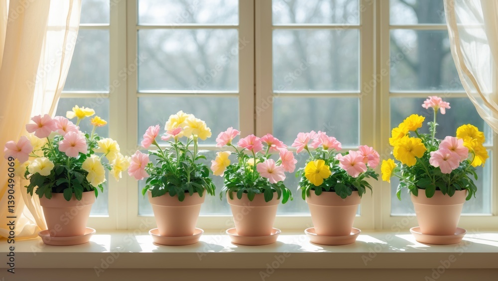 Fototapeta premium Spring cleaning. Lovely potted flowers on the windowsill.