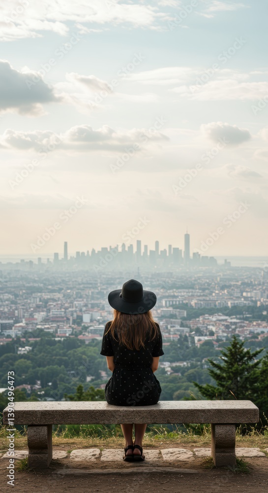 Obraz premium Woman in black dress and hat overlooking expansive cityscape with skyline and clouds