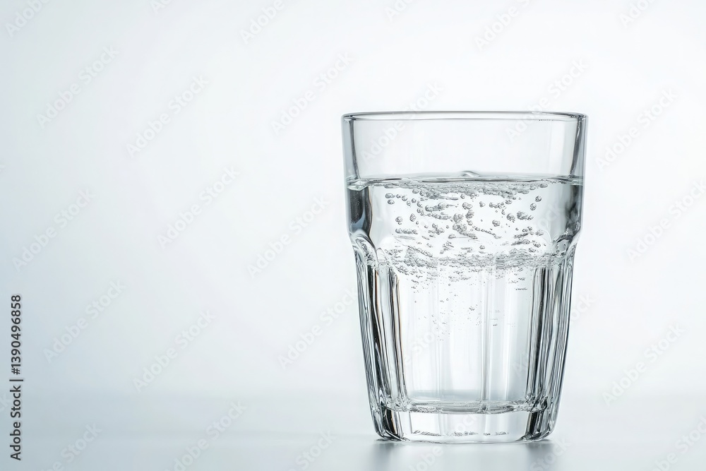 A clear glass filled with water and bubbles on a white surface against a white background studio shot A clear glass filled with water and bubbles on a white surface against a white background studio shot