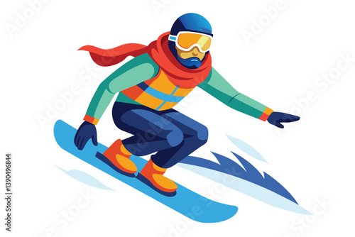 A snowboarder skillfully maneuvers down a snowy slope wearing bright winter attire. The sun shines down, adding a festive atmosphere to the winter sports activity.