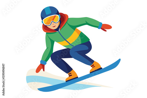 A boy enjoys snowboarding on a snowy slope, showcasing skill and excitement in a vibrant outfit against a clear sky backdrop, capturing the thrill of winter sports.