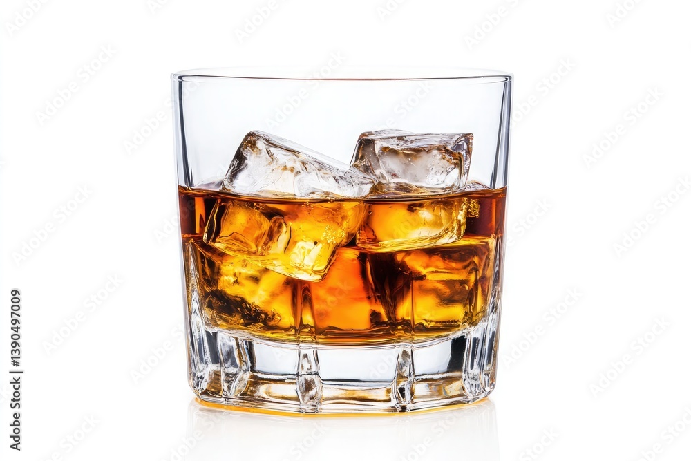 Close up shot of a glass filled with amber liquid and ice cubes against a white background scene Close up shot of a glass filled with amber liquid and ice cubes against a white background scene