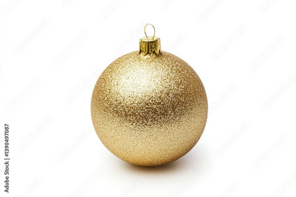 Isolated close up of a single golden christmas ornament with glitter on a white background surface Isolated close up of a single golden christmas ornament with glitter on a white background surface