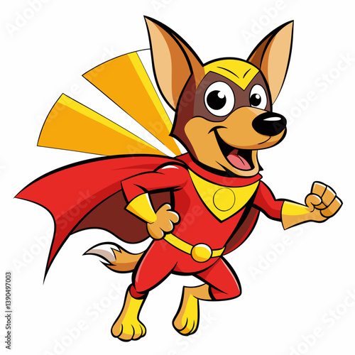 Cartoon Superhero Dog in Red and Yellow Costume Flying with Cape – Comic Style Mascot Illustration.