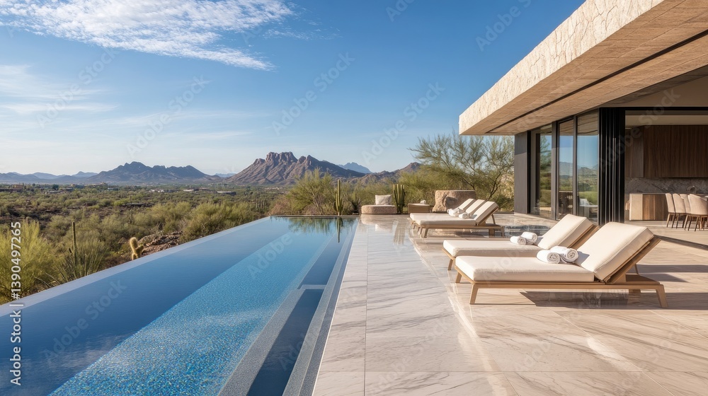 Fototapeta premium Stunning Modern Villa with Infinity Pool Overlooking Serene Desert Landscape and Majestic Mountains