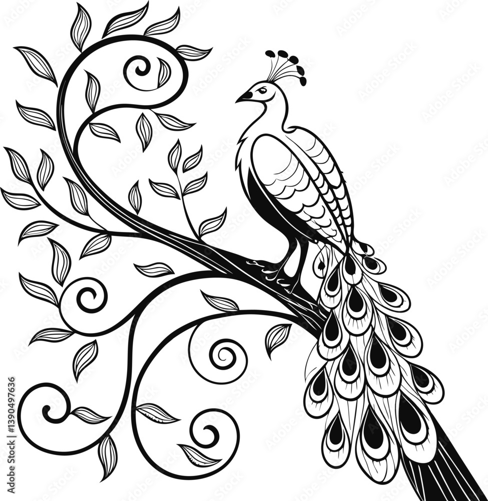 Fototapeta premium Ornamental Peacock Illustration Featuring Intricate Patterns