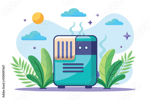 A colorful refrigerator stands amidst lush tropical plants under a bright sun, with fluffy clouds providing a cheerful atmosphere during a sunny day.