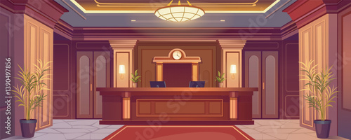 Luxury lobby interior background banner for game design. Hotel or office reception with registration desk with computers, classic style walls and red carpet, lamps, plants. Vector cartoon illustration