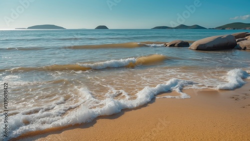 Fototapeta Naklejka Na Ścianę i Meble -  Small waves gently wash onto the golden beach in perfect harmony, as the soft sound of the waves merges with the whisper of the wind.