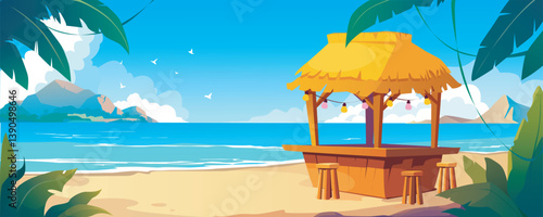 Tropical summer cafe at sea beach background banner for game design. Coastal wooden bar with with straw roof, chairs, tropical palm trees silhouettes in sunshine blue sky. Vector cartoon illustration