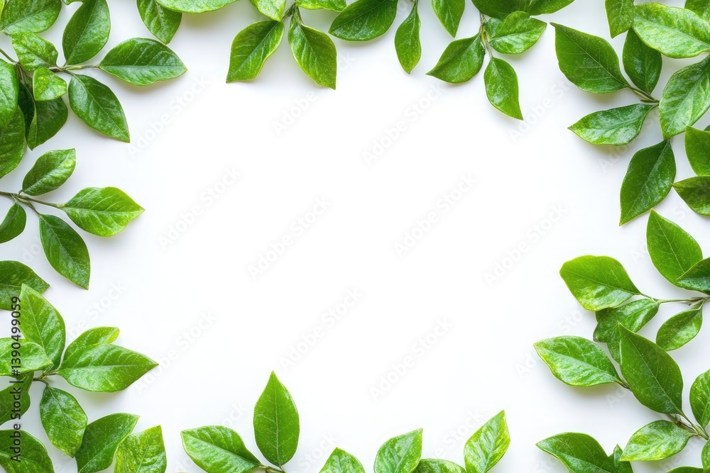 Fototapeta premium A frame of vibrant green leaves on a white background creating a natural border for text or design