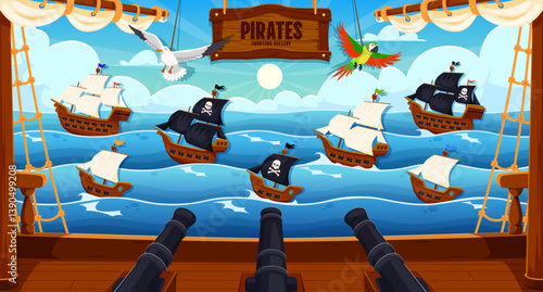 Pirate battle carnival shoot game, amusement park cartoon shooting range showcases corsair ships sailing the blue ocean. Vector funfair gallery environment with ship deck and cannons ready to fire