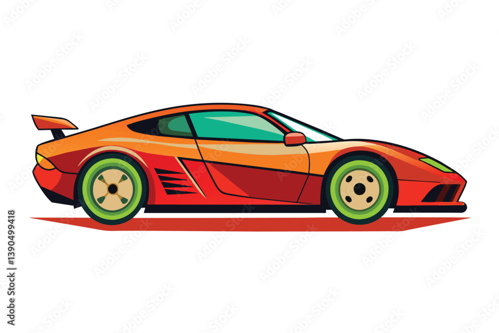 Naklejka premium This vibrant orange sports car, featuring green wheels, is captured in a side view. Its streamlined shape and racing-inspired design highlight its dynamic features.