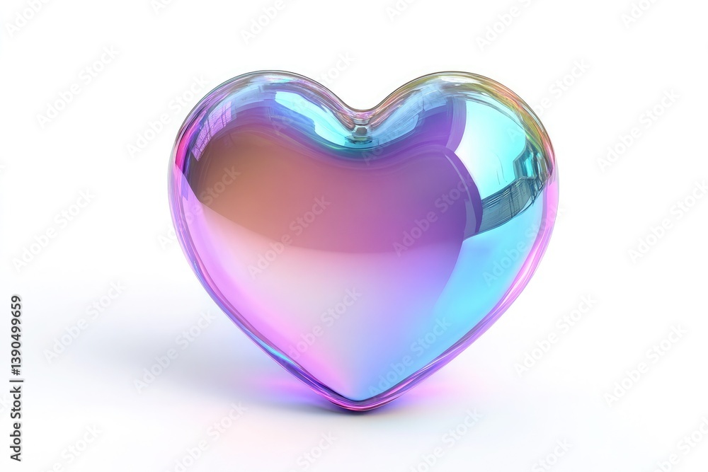 A shimmering iridescent heart shaped object on a white surface with a subtle shadow beneath it A shimmering iridescent heart shaped object on a white surface with a subtle shadow beneath it