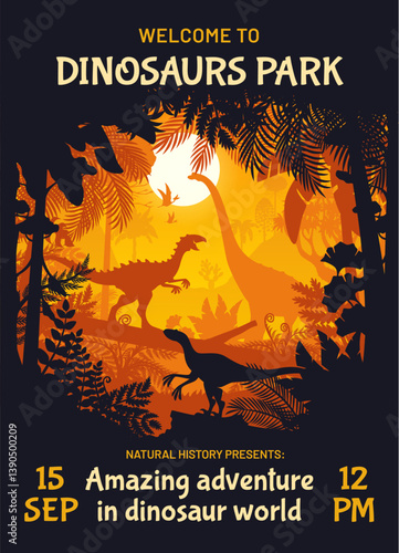 Dino park flyer or poster with dinosaurs in Jurassic forest jungle, vector background. Kids dino adventure or amusement park poster with prehistoric lizards and cartoon reptiles for dinosaurs museum