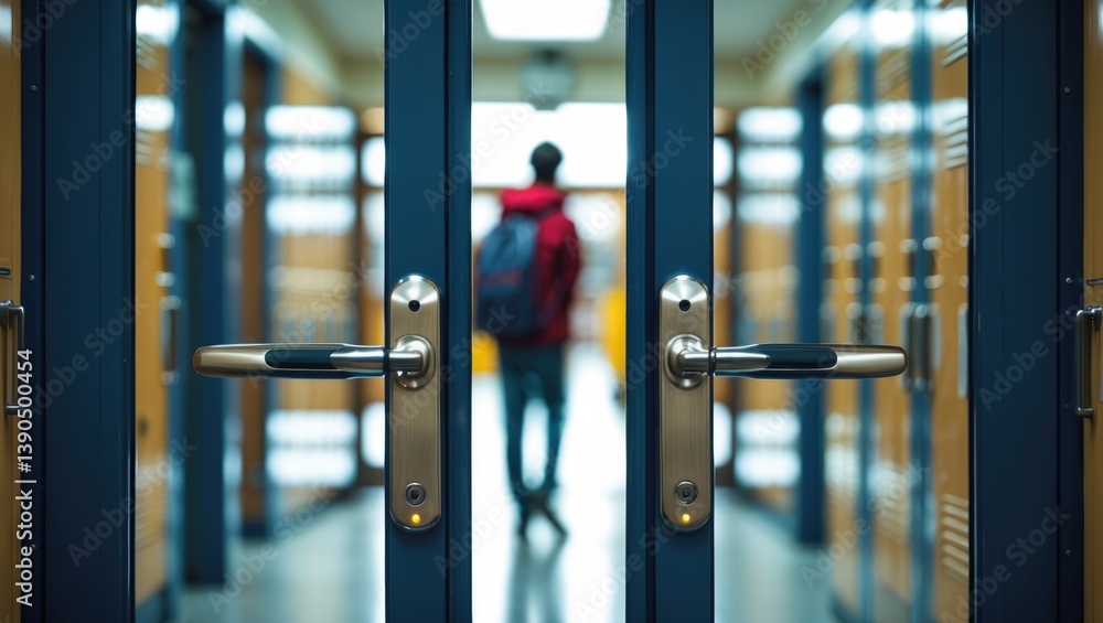 custom made wallpaper toronto digitalStudent returning to school in person. Concept of student life at school. See-through lockers and a student standing in the background.