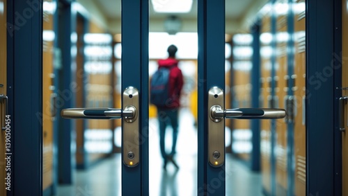 Wallpaper Mural Student returning to school in person. Concept of student life at school. See-through lockers and a student standing in the background. Torontodigital.ca
