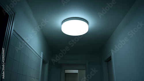 Ceiling light barely illuminating pale room above