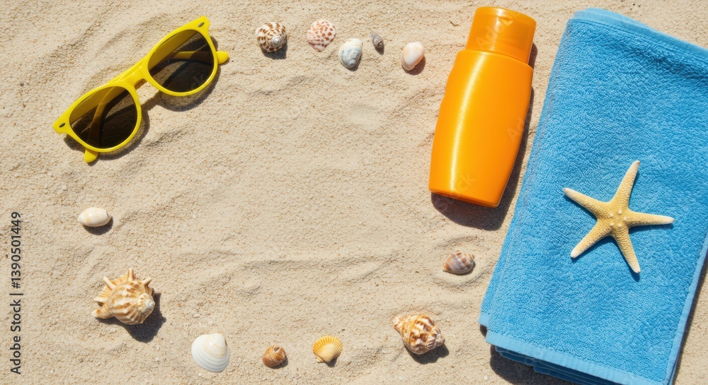 Bright beach essentials with sunscreen, sunglasses, and towel on sandy coastline