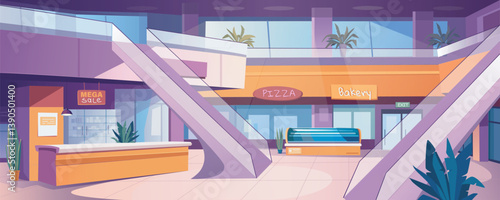 Shopping mall indoor background banner for game design. Large mall interior with escalators in hall, pizza cafeteria, bakery shop and other stores, showcases and showrooms. Vector cartoon illustration