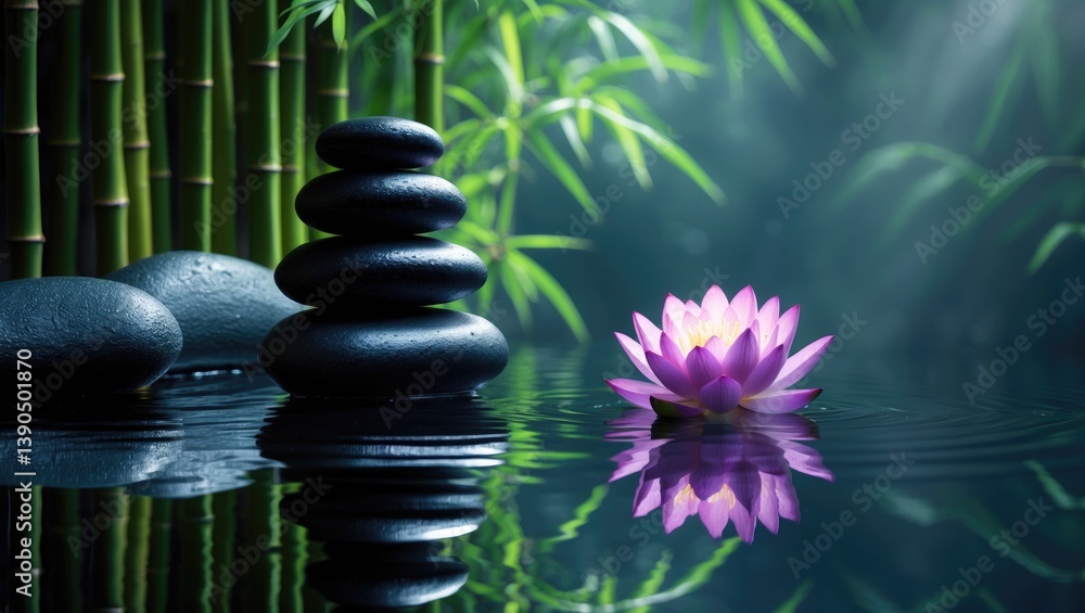 Obraz premium Spa still life featuring lotus and zen stones on the water, with a bamboo backdrop.
