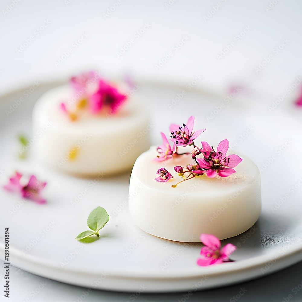 Smooth Textures and Glossy Finish. Floral Cakes. Creamy panna cotta with pink flowers on a white plate Smooth Textures and Glossy Finish. Floral Cakes. Creamy panna cotta with pink flowers on a white plate