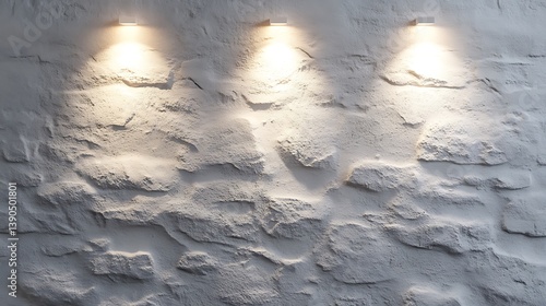 Three spotlights illuminating a white stone wall.