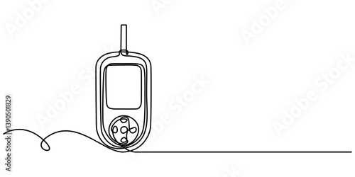 One continuous line drawing of Blood glucose meter test illustration. glucometer pharmacy equipment outline, Continuous single line drawing of a glucometer for monitoring blood sugar. Minimal editable
