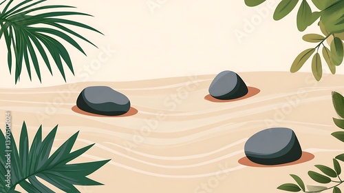 Three stones on wavy sand with tropical leaves.