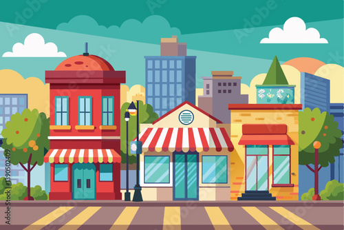 A vibrant street scene showcases various charming shops and buildings along a busy urban road, with green trees and a bright blue sky in the background.