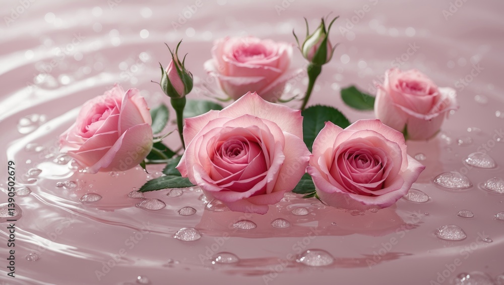 Fototapeta premium Summer backdrop featuring pink roses in water with droplets. Minimal natural abstract background.