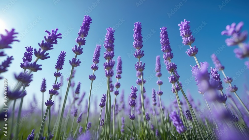 Fototapeta premium Sunlight closeup of a lavender field beneath a blue sky with sun rays for a banner design. Zen nature creates a peaceful, bright floral garden from a low point of view. Idyllic summer flowers symbo...
