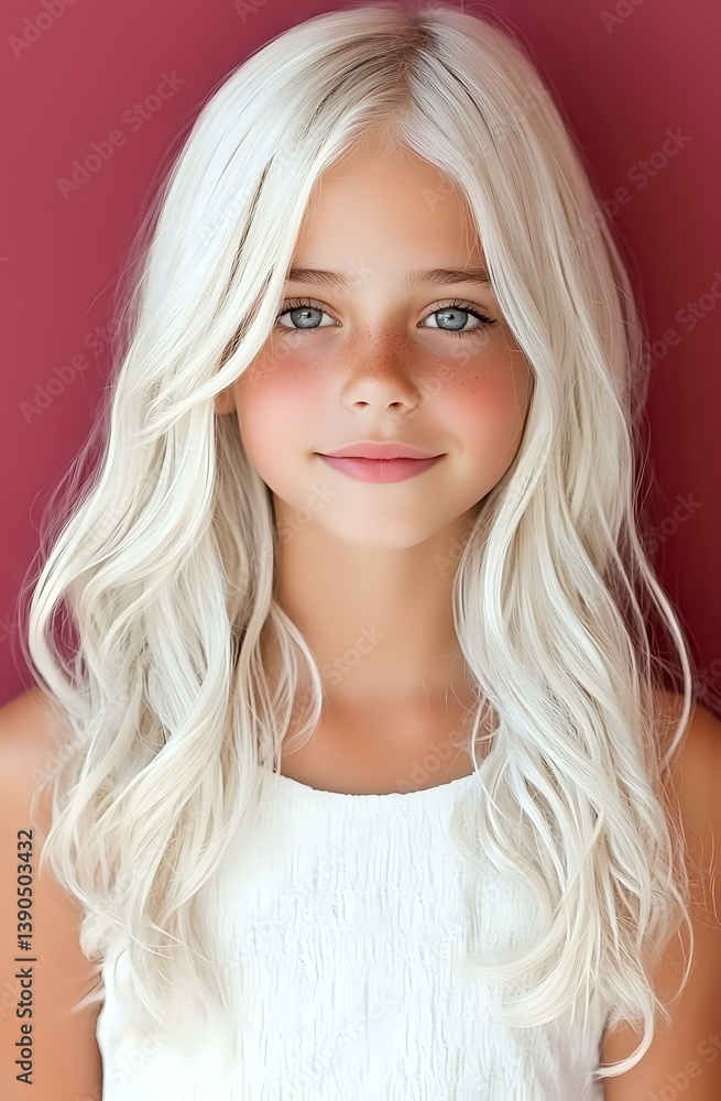 Fototapeta premium Young female with platinum blonde wavy hair and bright blue eyes wearing white top smiles warmly against burgundy background, soft lighting creates gentle portrait mood.