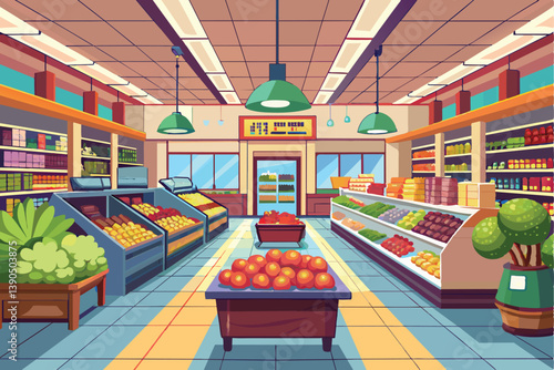 The grocery store showcases vibrant fruits and vegetables arranged neatly in various displays, inviting shoppers to explore the fresh selections available.