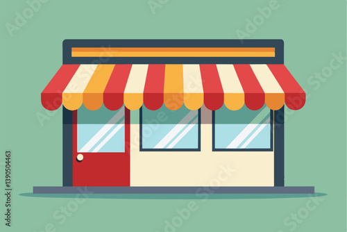 A vibrant storefront features a red door and striped awning, designed to attract passersby looking for shopping opportunities in a lively neighborhood.