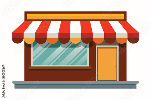A welcoming storefront features a bright red and white striped awning, large windows, and a golden door, creating a friendly ambiance in a bustling neighborhood.
