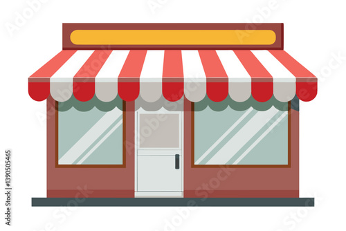 This charming storefront features a red and white striped awning, large windows, and a welcoming entrance, creating an inviting atmosphere for passersby in the daytime.