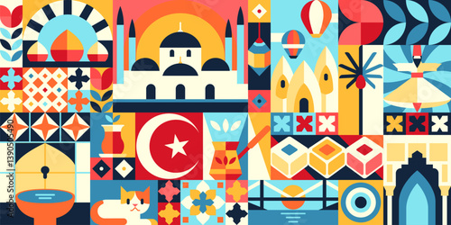 Geometric Turkey pattern with turkish travel landmarks abstract graphic shapes. Vector Turkey tourism background of turkish flag, Istanbul mosque, Bosphorus bridge and coffee geometric shapes collage