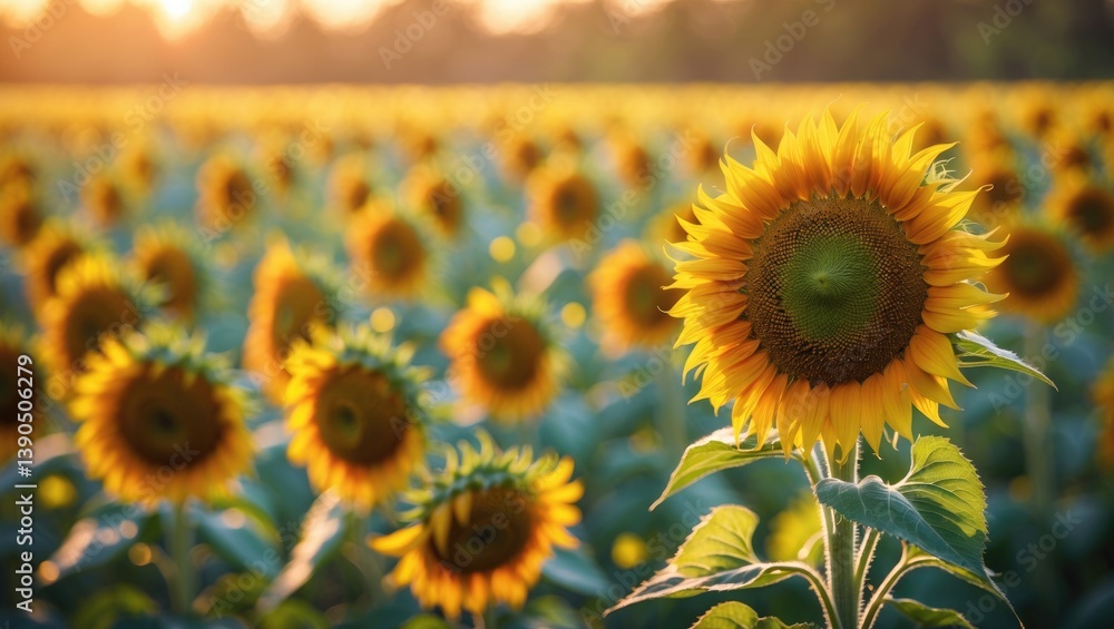 Fototapeta premium Sunflowers in a field during sunset. Sunflower landscape flower theme. Field of sunflowers and blossoms. Aerial perspective of sunflower fields and blooms in lifestyle at sunset.