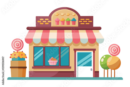 A vibrant ice cream shop features a colorful awning, delightful decorations, and tasty treats in the display window, creating an inviting atmosphere for customers.